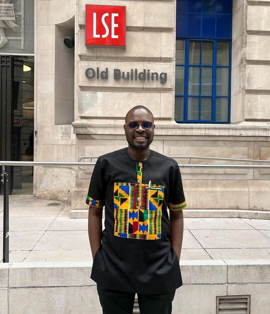 Chude Jideonwo at the front of the London School of Business Old Building