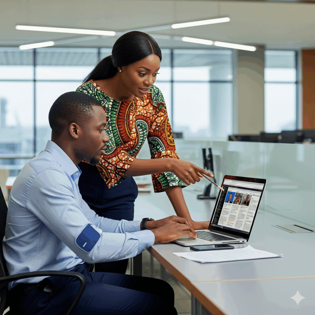 Two Nigerian journalists are working on a laptop. A male is sitting and the female is standing while pointing to the screen of the laptop.